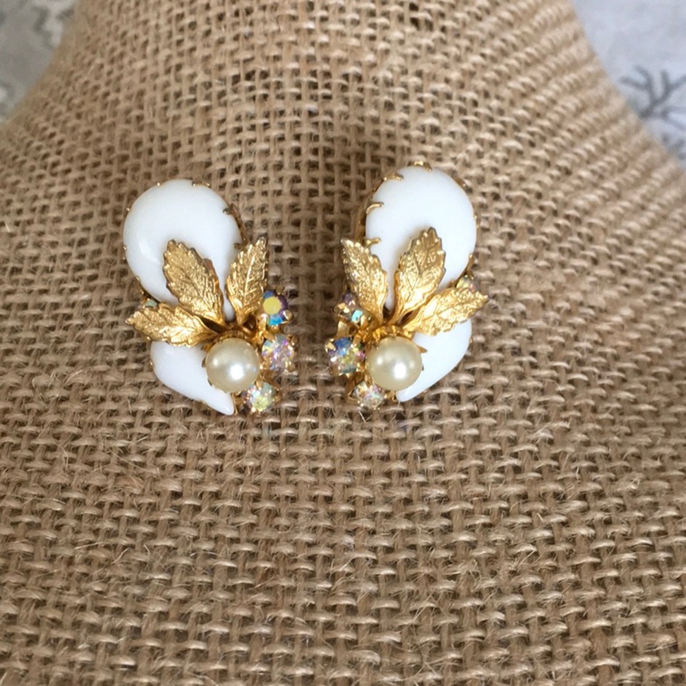 Vintage Milk Glass and Aurora Borealis Rhinestone Earrings